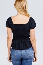 Load image into Gallery viewer, Short Sleeve Heart Neck W/button Back Smocking Detail Flare Hem Woven Top