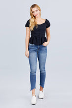 Load image into Gallery viewer, Short Sleeve Heart Neck W/button Back Smocking Detail Flare Hem Woven Top