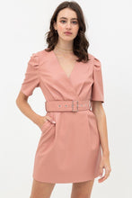 Load image into Gallery viewer, Pleather Dress With Belt Buckle Across Waist. Short Sleeve With V Neckline