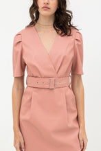 Load image into Gallery viewer, Pleather Dress With Belt Buckle Across Waist. Short Sleeve With V Neckline