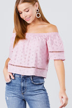 Load image into Gallery viewer, Elbow Sleeve Off The Shoulder Lace Trim Eyelet Detail Woven Top