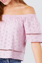 Load image into Gallery viewer, Elbow Sleeve Off The Shoulder Lace Trim Eyelet Detail Woven Top