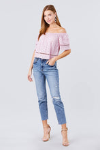 Load image into Gallery viewer, Elbow Sleeve Off The Shoulder Lace Trim Eyelet Detail Woven Top