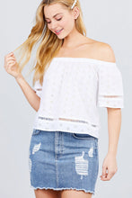 Load image into Gallery viewer, Elbow Sleeve Off The Shoulder Lace Trim Eyelet Detail Woven Top