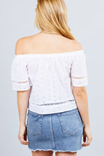 Load image into Gallery viewer, Elbow Sleeve Off The Shoulder Lace Trim Eyelet Detail Woven Top