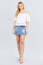 Load image into Gallery viewer, Elbow Sleeve Off The Shoulder Lace Trim Eyelet Detail Woven Top