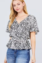 Load image into Gallery viewer, Ruffle Short Sleeve V-neck Surplice Side Ribbon Tie Woven Top