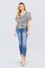 Load image into Gallery viewer, Ruffle Short Sleeve V-neck Surplice Side Ribbon Tie Woven Top