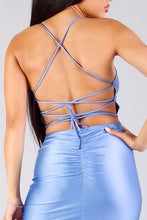 Load image into Gallery viewer, Spaghetti Strap Lace Up Back Ruched Mini Dress