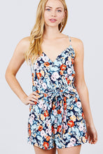 Load image into Gallery viewer, V-neck W/wrap Adjustable Spaghetti Straps Waist Belt Printed Knit Romper