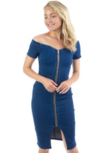 Load image into Gallery viewer, Off Shoulder Zip-front Denim Dress