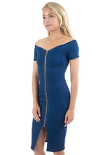 Load image into Gallery viewer, Off Shoulder Zip-front Denim Dress