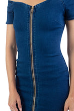 Load image into Gallery viewer, Off Shoulder Zip-front Denim Dress