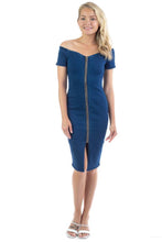 Load image into Gallery viewer, Off Shoulder Zip-front Denim Dress