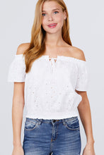 Load image into Gallery viewer, Short Sleeve Off The Shoulder Front Tie Detail Smocked Hem Eyelet Lace Woven Top