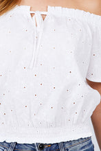 Load image into Gallery viewer, Short Sleeve Off The Shoulder Front Tie Detail Smocked Hem Eyelet Lace Woven Top