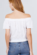 Load image into Gallery viewer, Short Sleeve Off The Shoulder Front Tie Detail Smocked Hem Eyelet Lace Woven Top