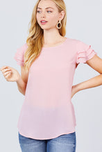 Load image into Gallery viewer, Short Cap Ruffle Sleeve Round Neck Woven Top