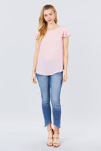 Load image into Gallery viewer, Short Cap Ruffle Sleeve Round Neck Woven Top