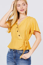 Load image into Gallery viewer, Short Sleeve V-neck Surplice Button Down Detail Ribbon Tie Back Shirring Woven Top
