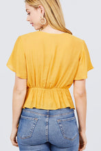 Load image into Gallery viewer, Short Sleeve V-neck Surplice Button Down Detail Ribbon Tie Back Shirring Woven Top