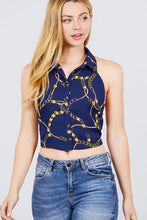 Load image into Gallery viewer, Sleeveless Halter Neck W/collar Button Down Open Back Tie Closer Printed Woven Top