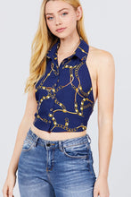 Load image into Gallery viewer, Sleeveless Halter Neck W/collar Button Down Open Back Tie Closer Printed Woven Top