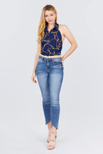 Load image into Gallery viewer, Sleeveless Halter Neck W/collar Button Down Open Back Tie Closer Printed Woven Top