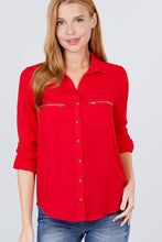 Load image into Gallery viewer, 3/4 Roll Up Sleeve Pocket W/zipper Detail Woven Blouse