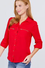 Load image into Gallery viewer, 3/4 Roll Up Sleeve Pocket W/zipper Detail Woven Blouse