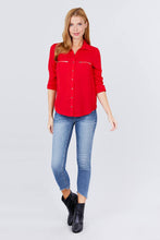 Load image into Gallery viewer, 3/4 Roll Up Sleeve Pocket W/zipper Detail Woven Blouse