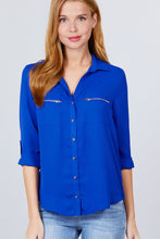 Load image into Gallery viewer, 3/4 Roll Up Sleeve Pocket W/zipper Detail Woven Blouse