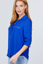 Load image into Gallery viewer, 3/4 Roll Up Sleeve Pocket W/zipper Detail Woven Blouse