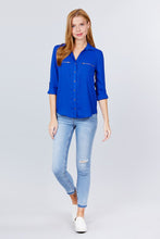 Load image into Gallery viewer, 3/4 Roll Up Sleeve Pocket W/zipper Detail Woven Blouse