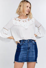 Load image into Gallery viewer, Cute Floral Mesh Lace Accent Yoke Crochet Detailed Tie-back Bell Sleeve Blouse Top