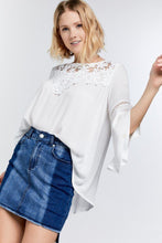 Load image into Gallery viewer, Cute Floral Mesh Lace Accent Yoke Crochet Detailed Tie-back Bell Sleeve Blouse Top