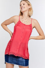 Load image into Gallery viewer, Boho Scallop Lace Trim Detailed Button Down Solid Subtle Textured Slit Side Overlay Layered Cami Top