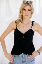 Load image into Gallery viewer, Cutout Detail Ruched Twist Bow Sweetheart Neckline Smocked Back Ribbon Tie Spaghetti Strap Cami Top