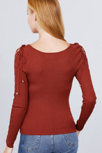 Load image into Gallery viewer, Long Sleeve W/strappy Detail Round Neck Rib Sweater Top