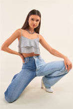 Load image into Gallery viewer, White And Navy Sleeveless Polka Square Layered Smock Back Cropped Top