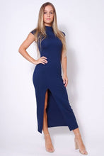 Load image into Gallery viewer, High Neck Cap Sleeve Slitted Basic Midi Dress