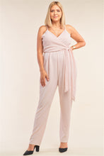 Load image into Gallery viewer, Plus Size Stone Blush Pink Sleeveless Self-tie Wrap Detail Deep Plunge V-neck Jumpsuit
