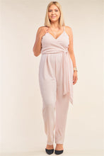 Load image into Gallery viewer, Plus Size Stone Blush Pink Sleeveless Self-tie Wrap Detail Deep Plunge V-neck Jumpsuit