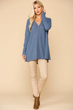 Load image into Gallery viewer, Waffle Knit And Woven Print Mixed Hi Low Flowy Tunic Top
