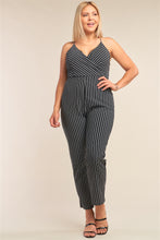 Load image into Gallery viewer, Plus Size Black &amp; White Striped Wrap Sleeveless Criss-cross Strap Deep Plunge V-neck Jumpsuit