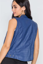 Load image into Gallery viewer, Blue Vegan Leather Faux Fur Lining Triple Zip-up Detail Moto Vest