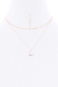 2 Layered Chain Metal Square Marbling Stone Pendant Necklace
