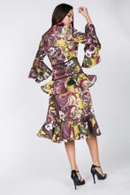 Load image into Gallery viewer, Cascade Ruffle Sleeve Frill Tiered Bottom Print Midi Dress