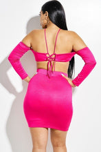 Load image into Gallery viewer, Solid Rayon Spandex Spaghetti Strap Halter Neck Off The Shoulder Top And Skirt 2 Piece Set
