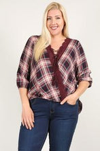 Load image into Gallery viewer, Plaid 3/4 Sleeve Top With Hi-lo Hem, V-neckline, And Relaxed Fit